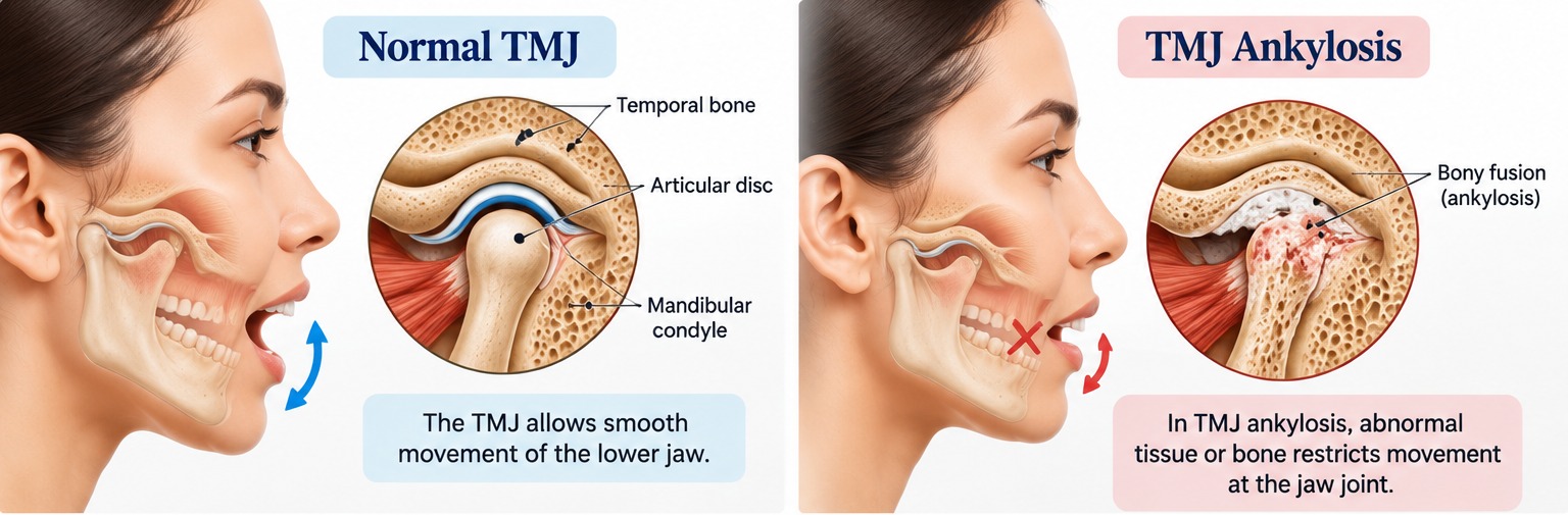 Diagram comparing a normal temporomandibular joint with a TMJ affected by ankylosis